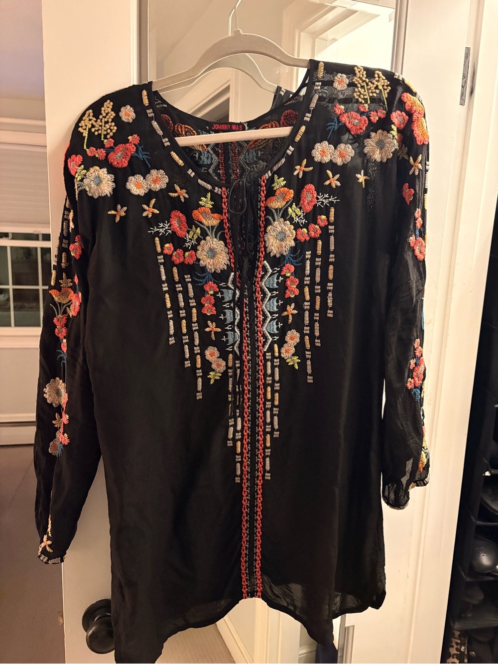 Johnny Was Embroidered Black Floral Peasant Top